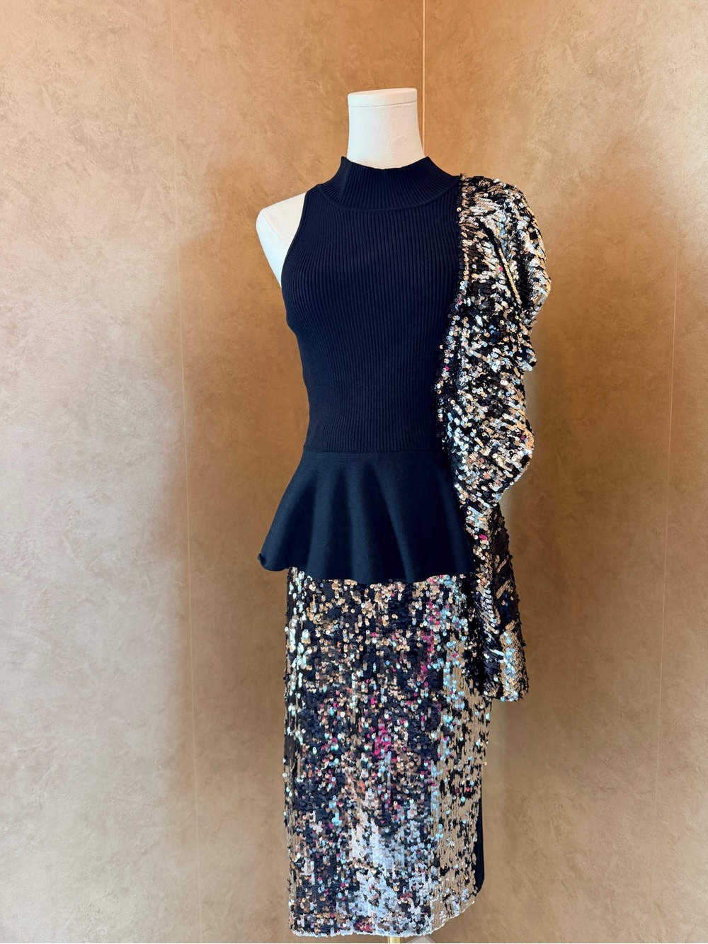 One-Shoulder Silver Sequin Top and Skirt Set